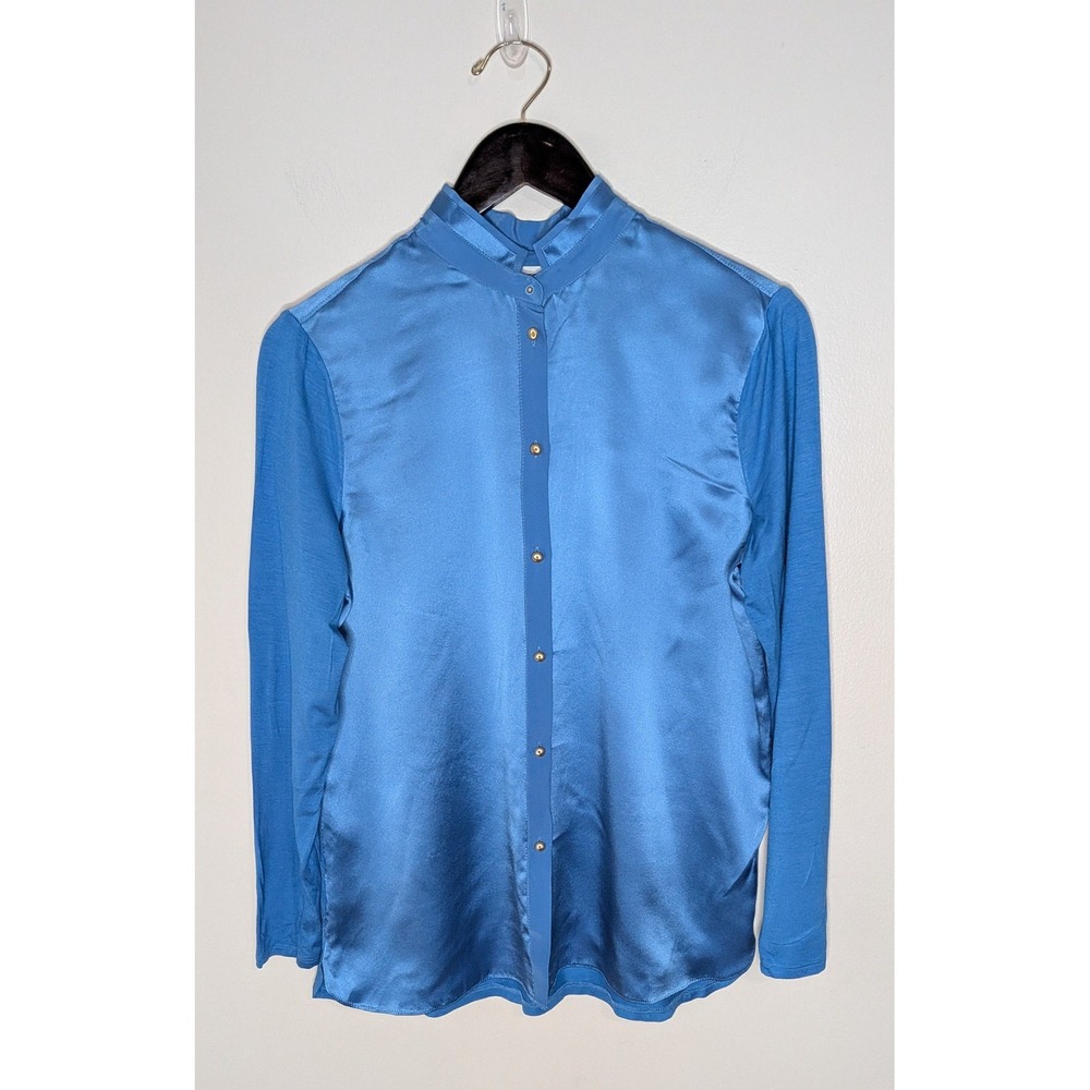 Per Se by Carlisle Sz 8 Blue 100% Silk Mixed Media Blouse Quiet Luxury Old Money